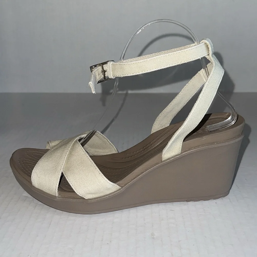 Crocs Leigh II Cream Canvas Strap Wedge Heels
